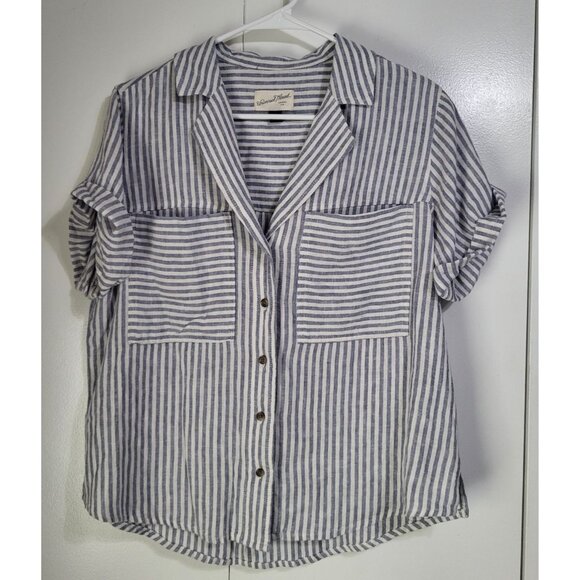 Universal Thread Women's Small Linen Blend Button Up Top Stripes Beach Coastal - Picture 1 of 8